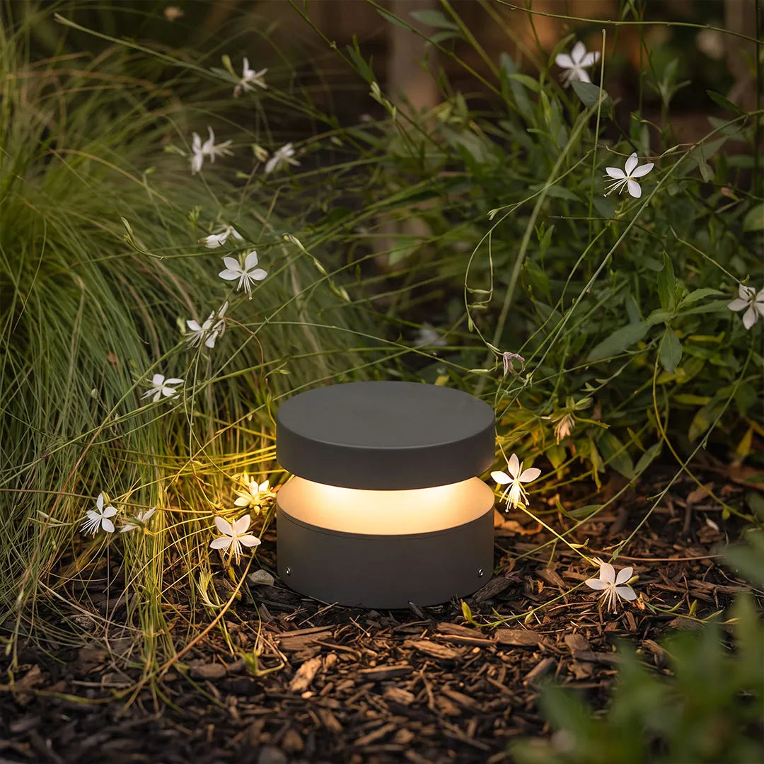 110v landscape light placed among garden plants, casting a warm circular glow across mulch and surrounding foliage.