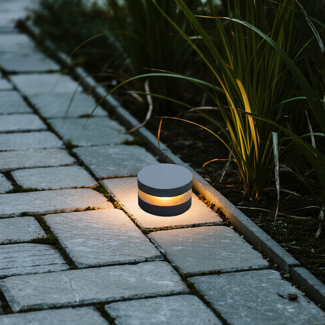 Low-profile 110v landscape lights installed beside stone pavers, enhancing garden pathways with gentle lighting.