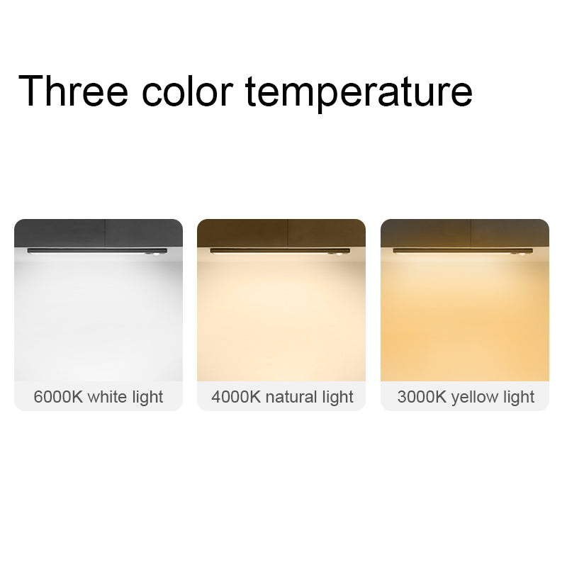 Adjustable color temperature LED strip showing three lighting modes from cool white to warm white tones