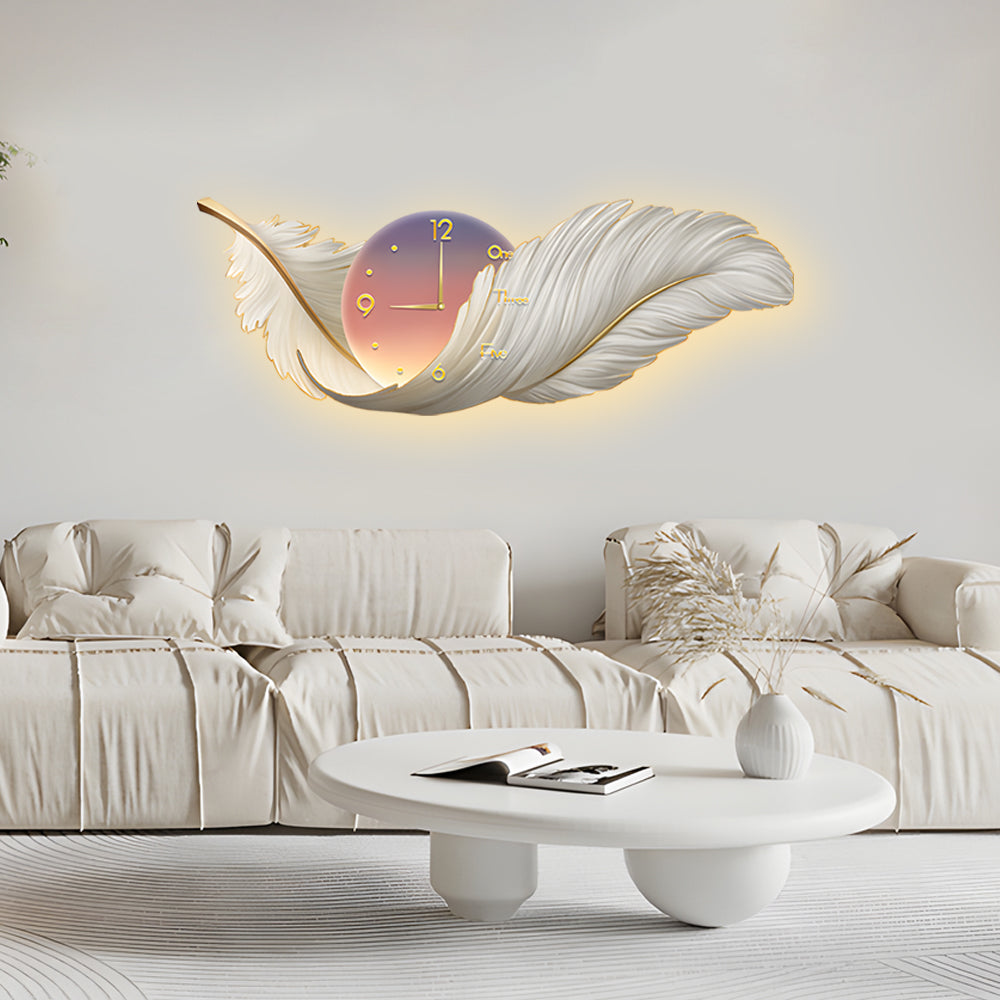 Feathers Decorative Painting with Clock USB Modern LED Wall Lamp Remote Control