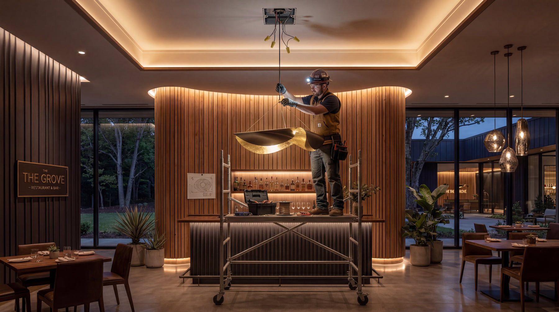 Installer adjusting a sculptural pendant above a restaurant bar, showing mounting height and service-counter alignment
