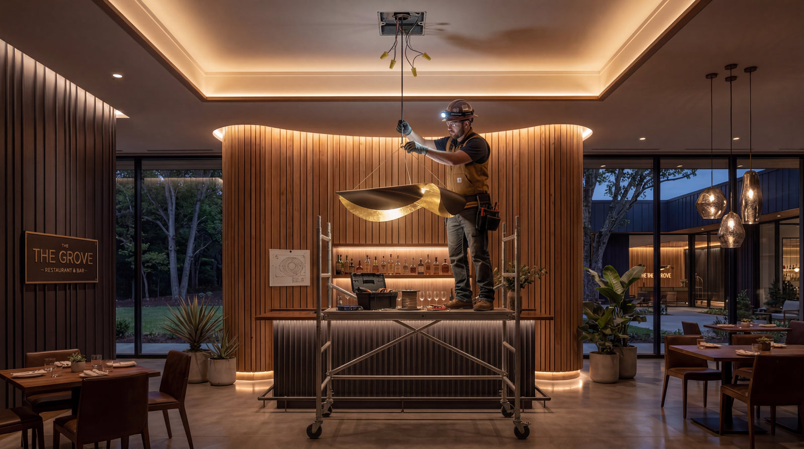 Installer checking hotel lighting equipment, showing project setup before final fixture commissioning
