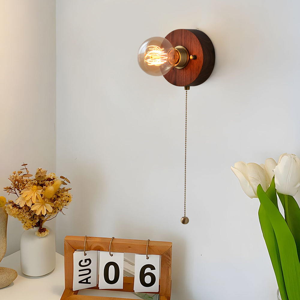 Round/Square Vintage Walnut Wood Wall Lamp 1-light with Pull Chain Switch - Dazuma