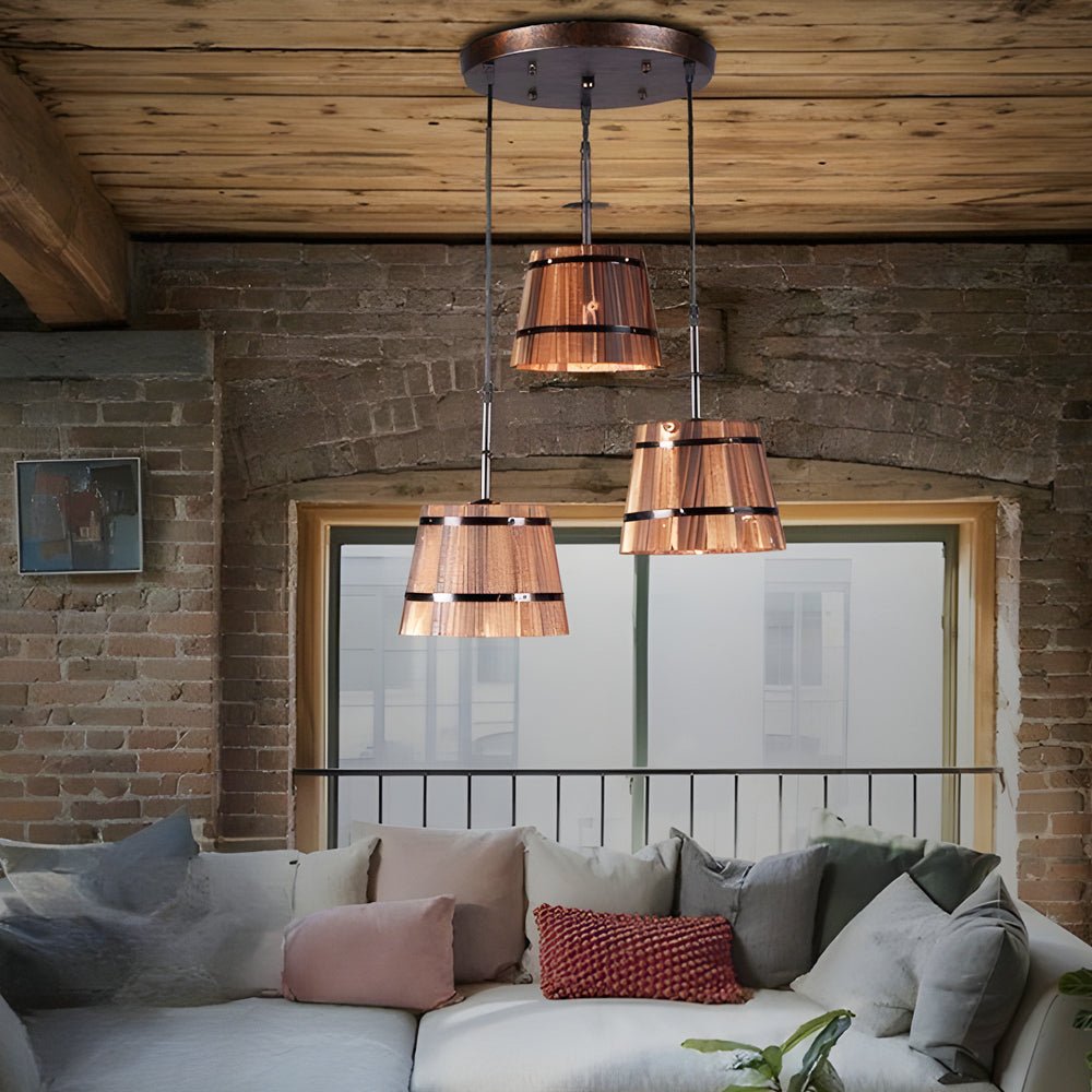 1/3 - Light Rustic Wood Bucket Shade Pendant Lighting for Cafe Bar
