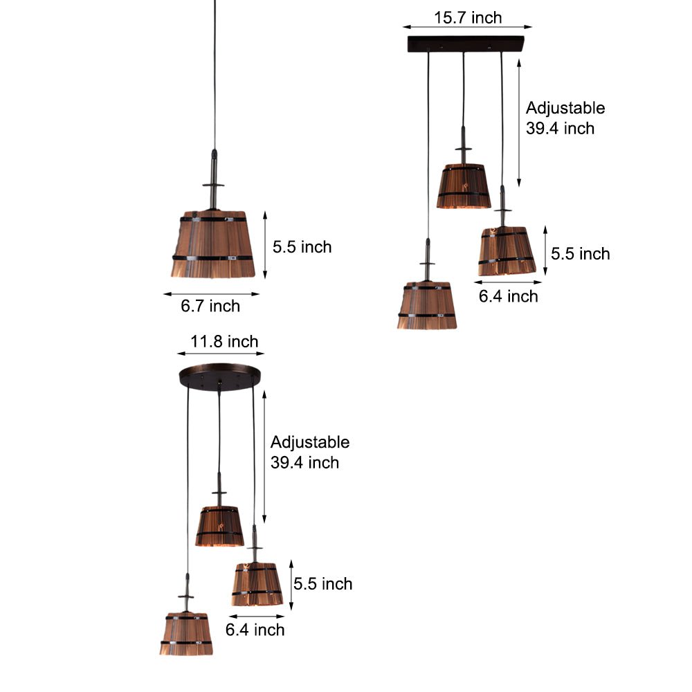 1/3 - Light Rustic Wood Bucket Shade Pendant Lighting for Cafe Bar