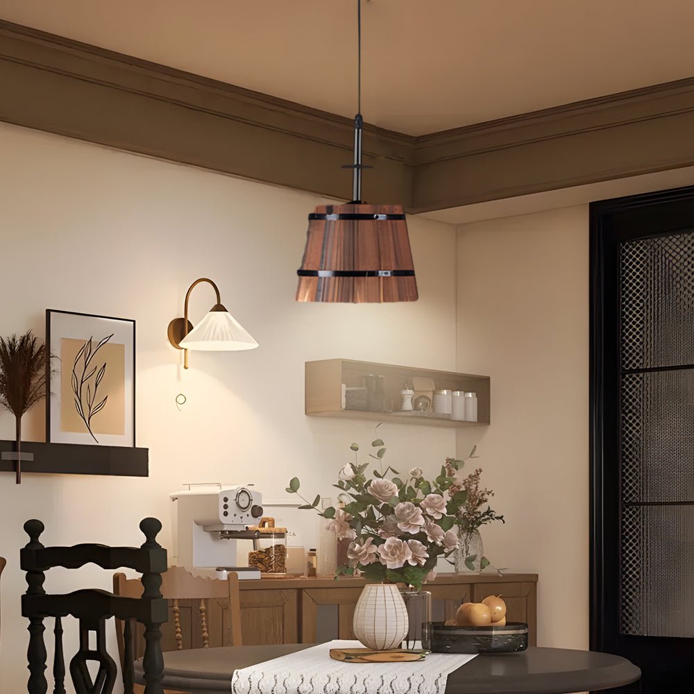 1/3 - Light Rustic Wood Bucket Shade Pendant Lighting for Cafe Bar