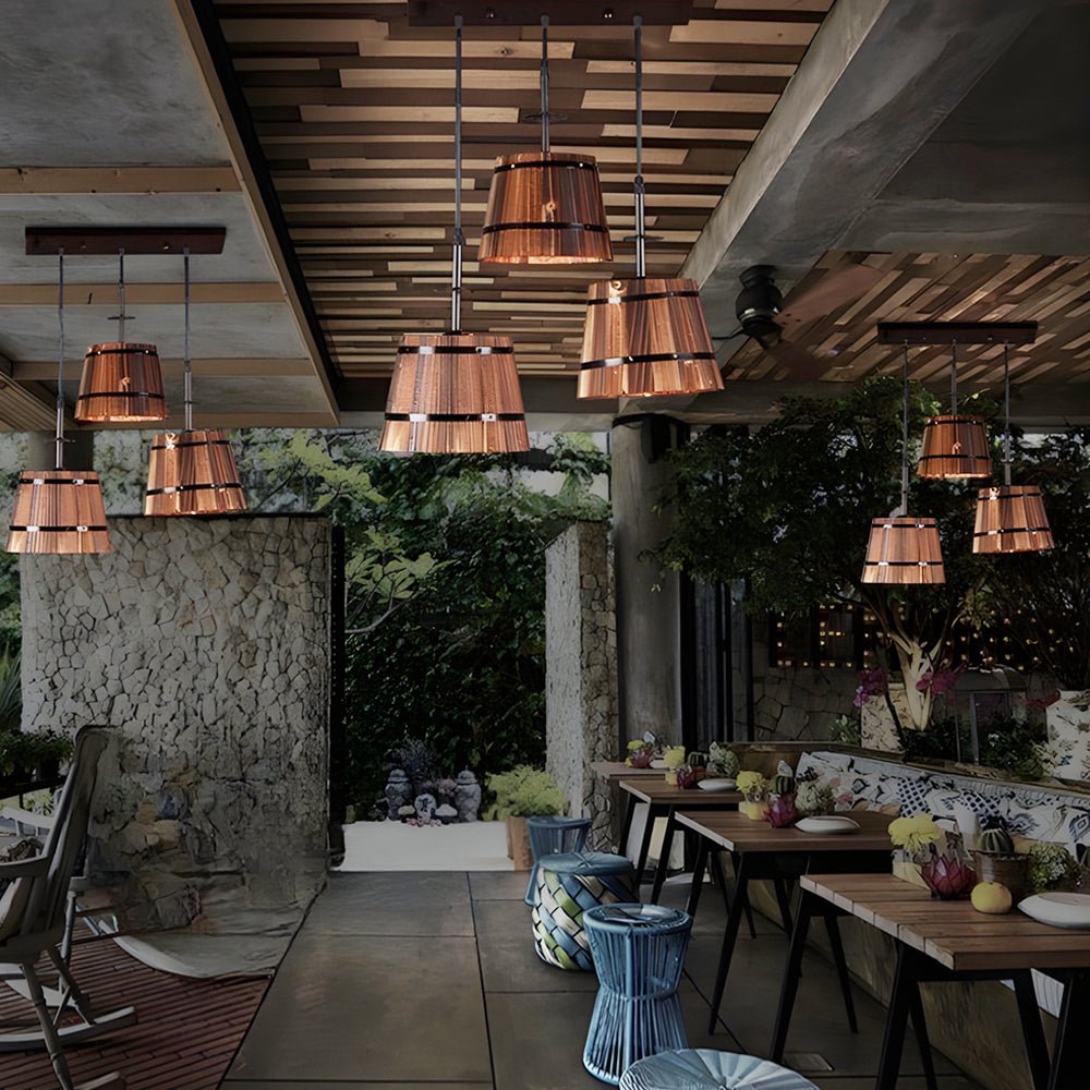 1/3 - Light Rustic Wood Bucket Shade Pendant Lighting for Cafe Bar