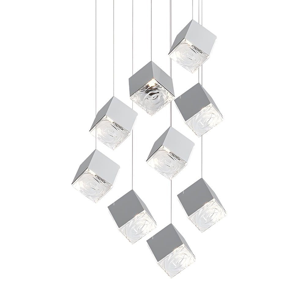 1/3/6/9 - Light Multi Glass Ice Cube Metallic Staircase Chandelier in Gold/Chrome