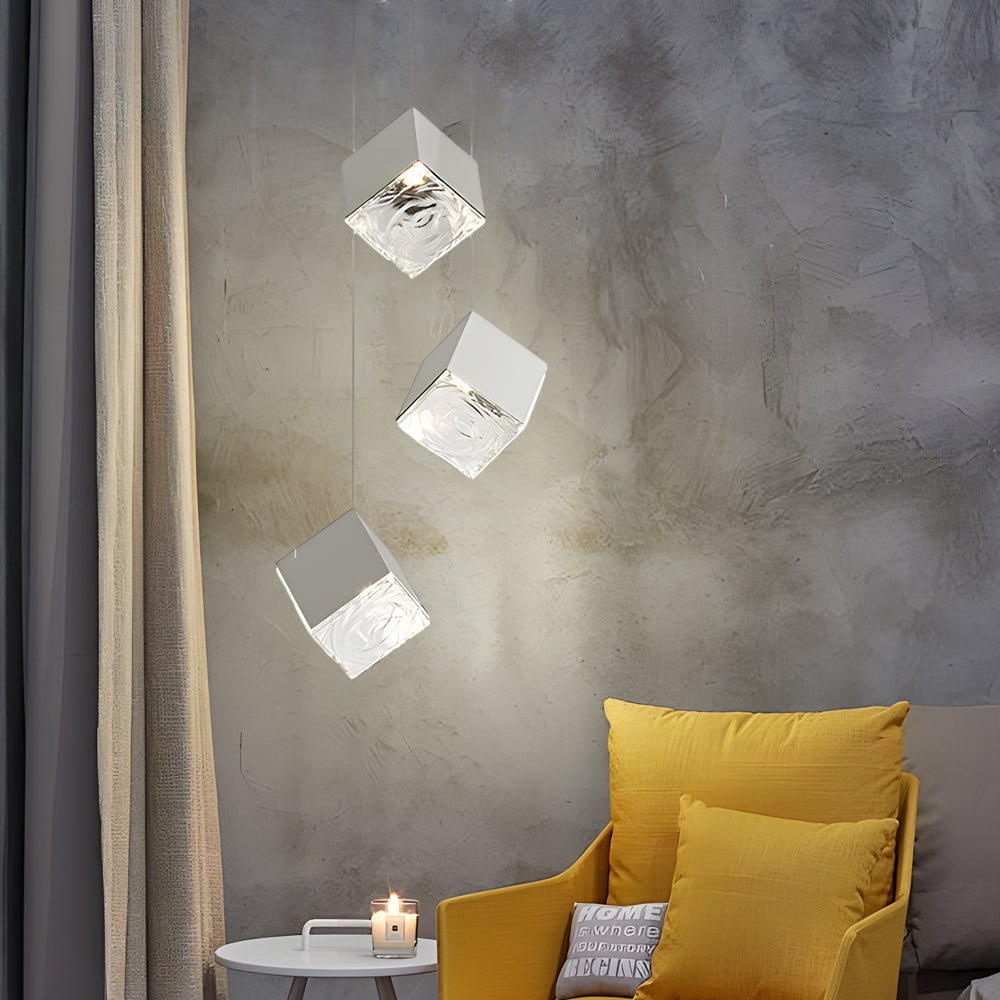 1/3/6/9 - Light Multi Glass Ice Cube Metallic Staircase Chandelier in Gold/Chrome