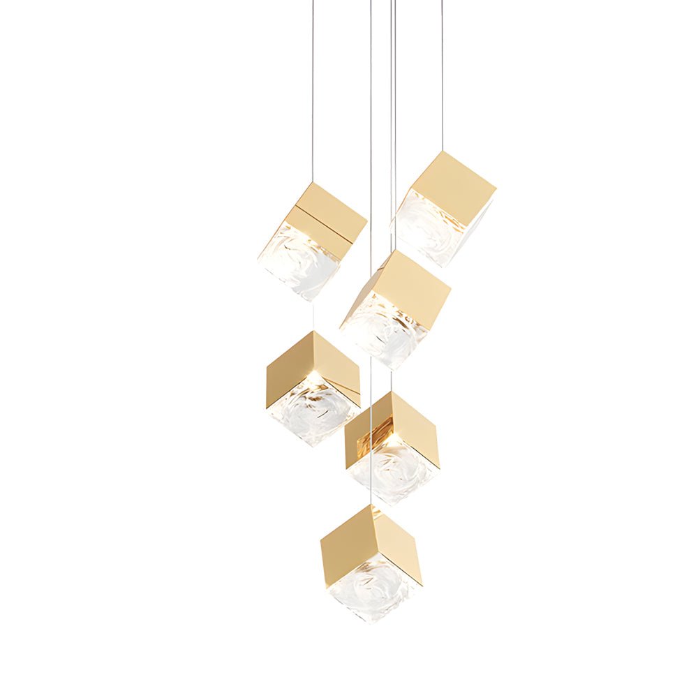 1/3/6/9 - Light Multi Glass Ice Cube Metallic Staircase Chandelier in Gold/Chrome