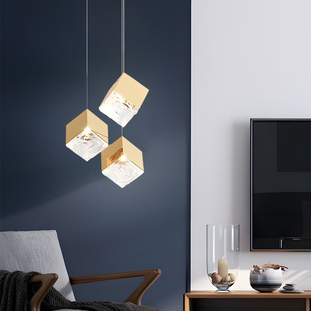 1/3/6/9 - Light Multi Glass Ice Cube Metallic Staircase Chandelier in Gold/Chrome