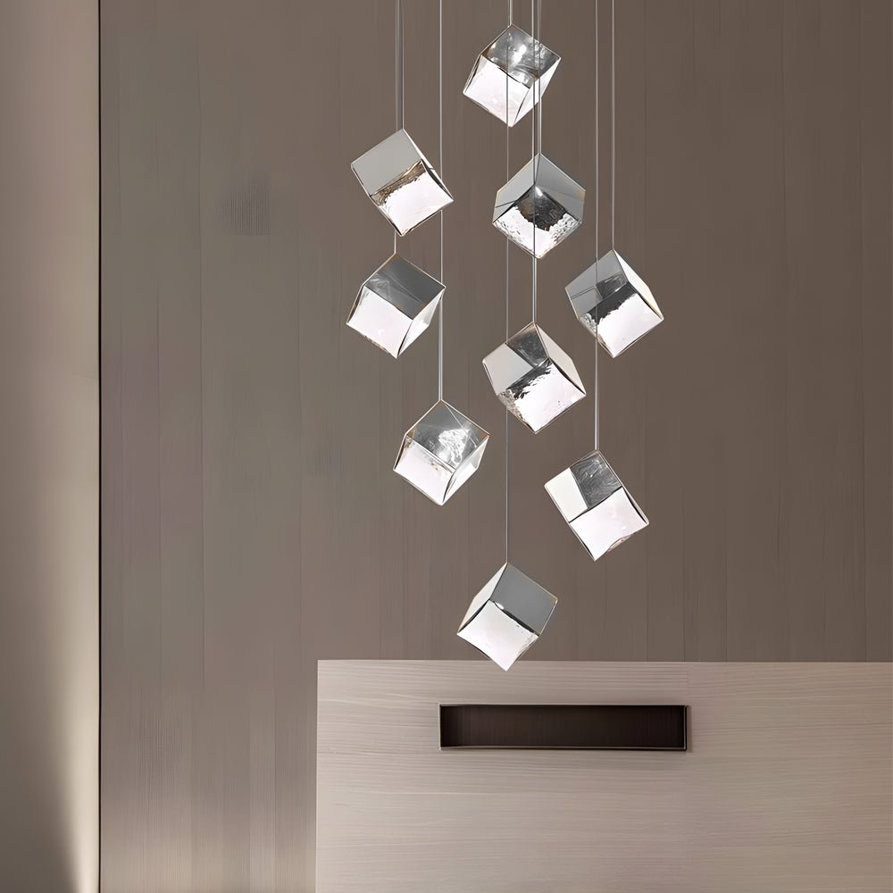 1/3/6/9 - Light Multi Glass Ice Cube Metallic Staircase Chandelier in Gold/Chrome