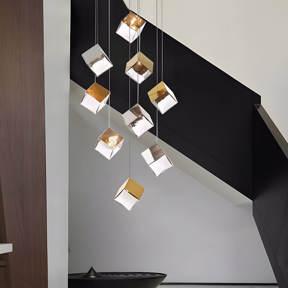 1/3/6/9 - Light Multi Glass Ice Cube Metallic Staircase Chandelier in Gold/Chrome