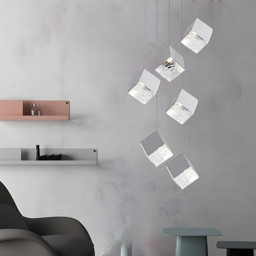 1/3/6/9 - Light Multi Glass Ice Cube Metallic Staircase Chandelier in Gold/Chrome