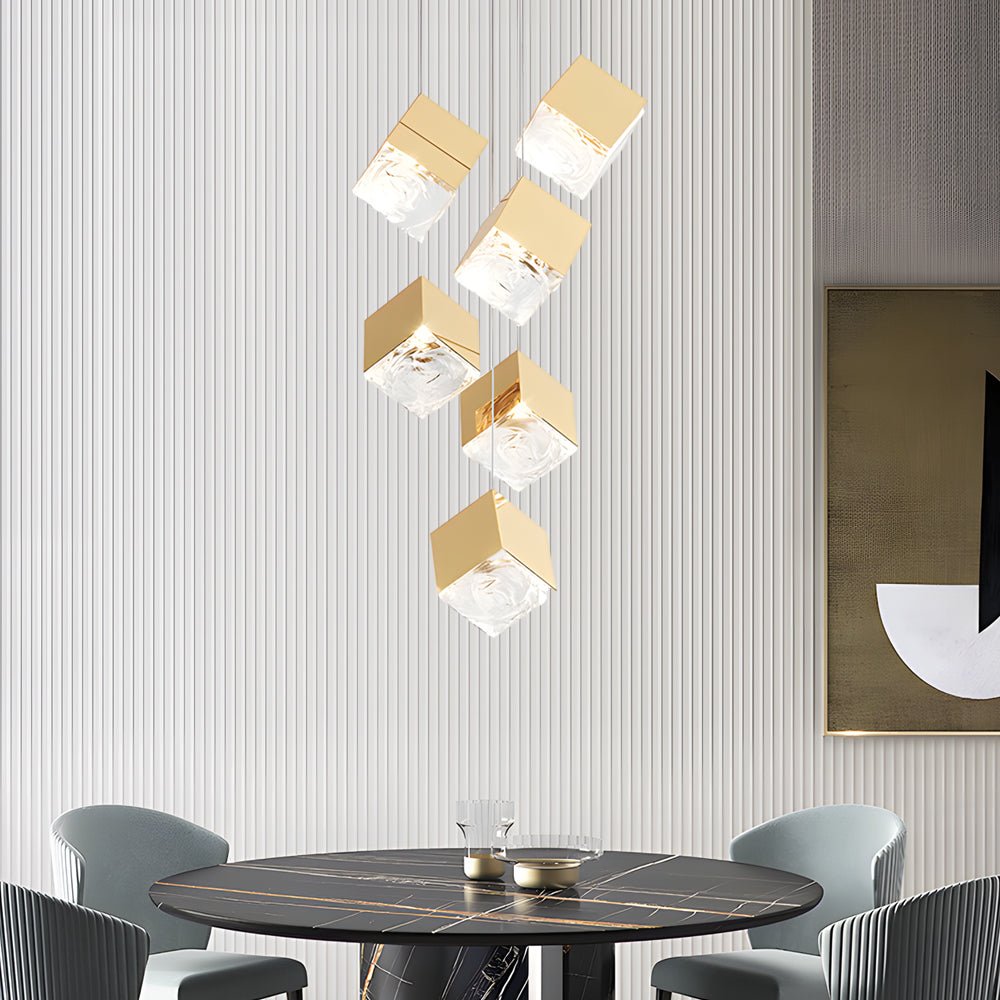 1/3/6/9 - Light Multi Glass Ice Cube Metallic Staircase Chandelier in Gold/Chrome