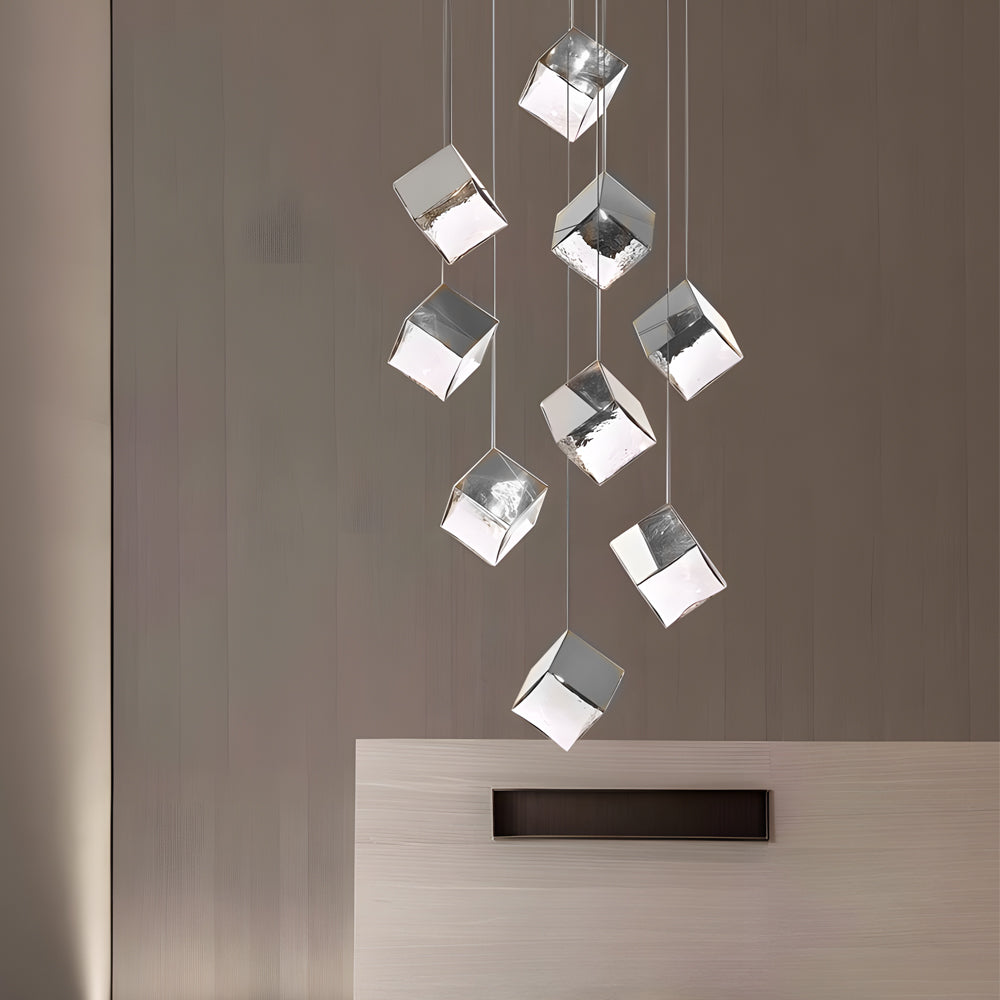 Glass Square Cube Stainless Steel LED Modern Spiral Long Chandelier
