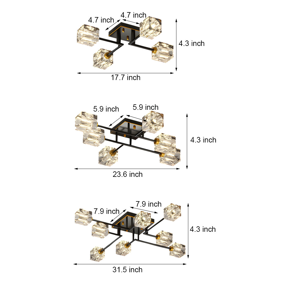 Modern Copper Crystal Cube Semi-Flush Mount Light Fixture, 4/6/8-Light