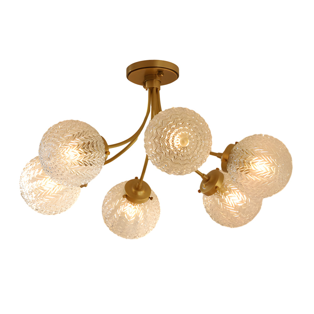 Modern Brass Carved Glass Semi-Flush Mount Ceiling Light - 6/8-Light