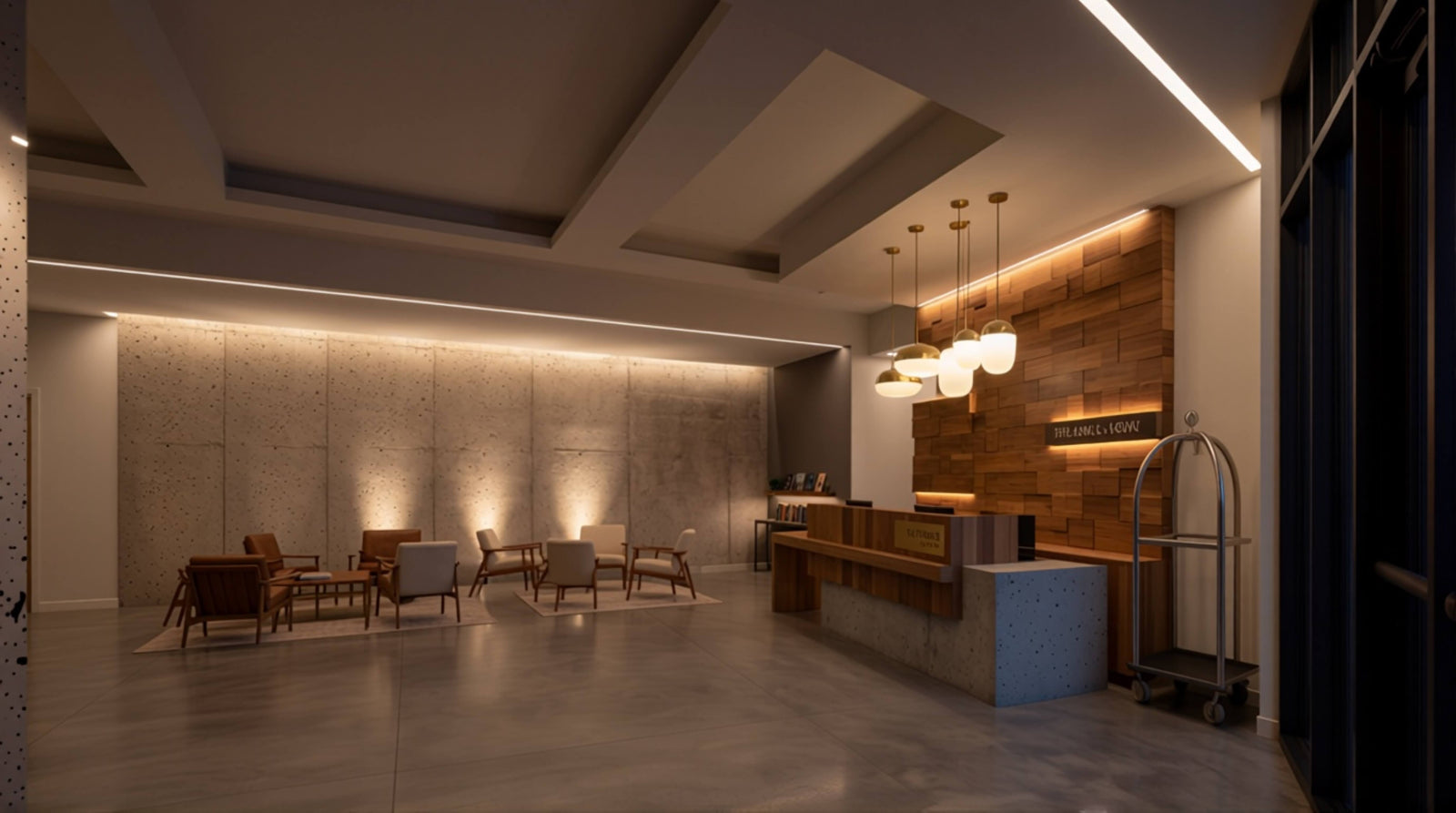Close view of hotel exterior light fixtures showing wall placement and nighttime architectural emphasis
