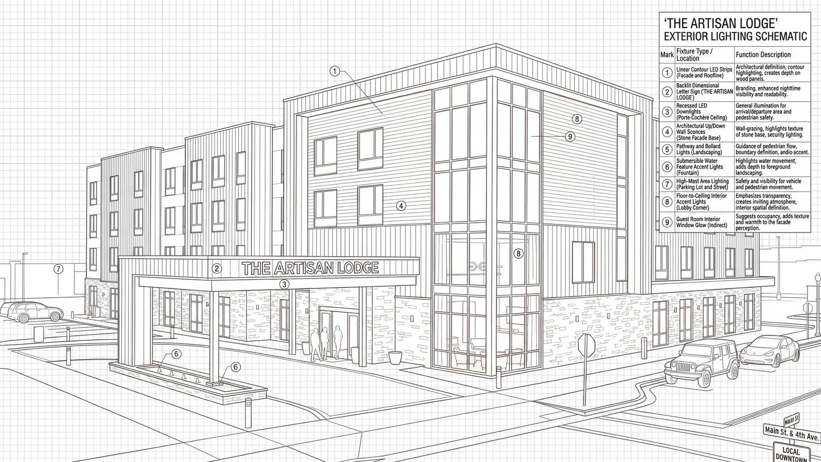 Hotel facade lighting installation in progress, showing wall wash coverage and entry visibility planning