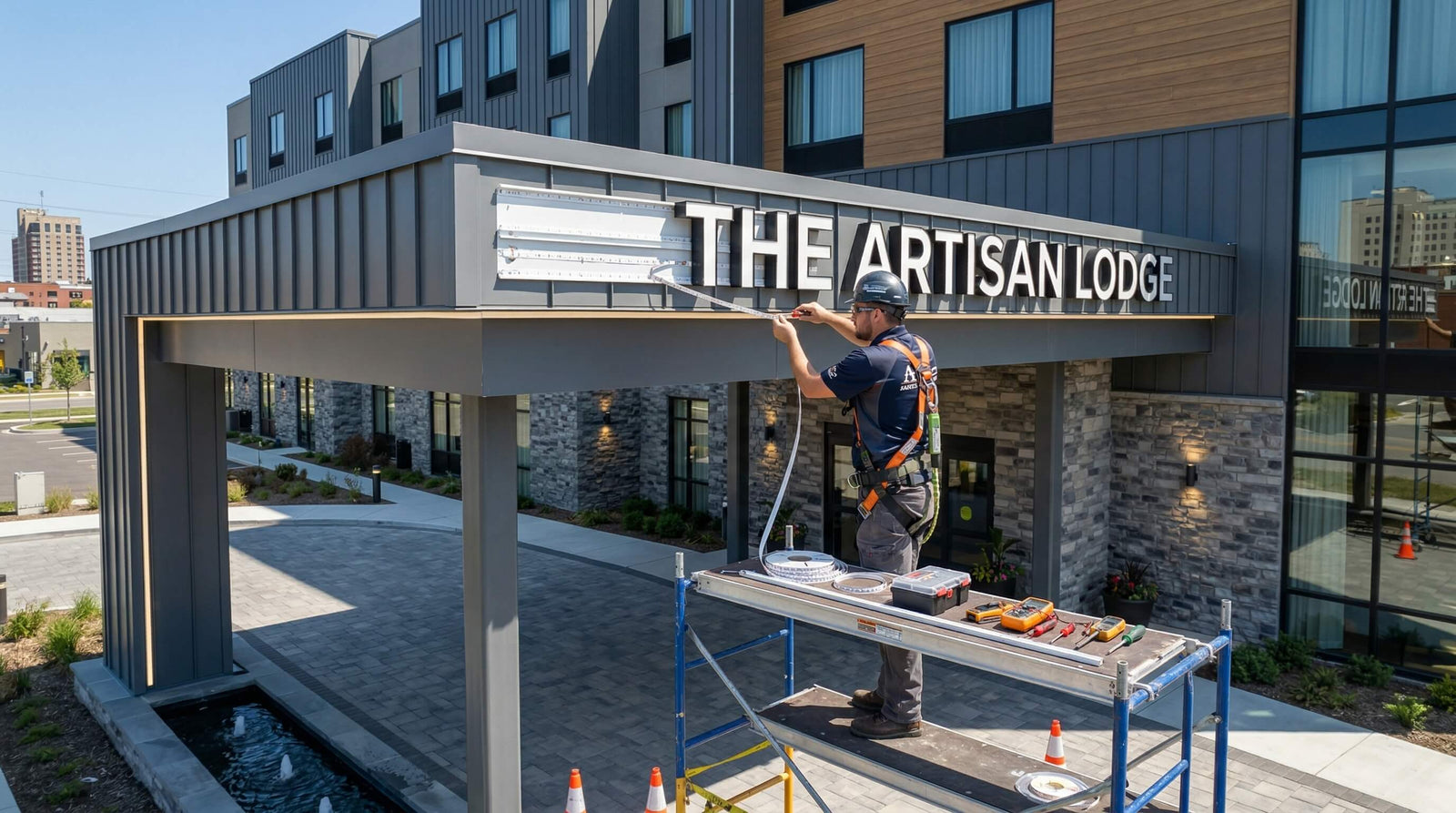 Installer working on hotel entrance signage lighting, showing canopy access and exterior fixture placement