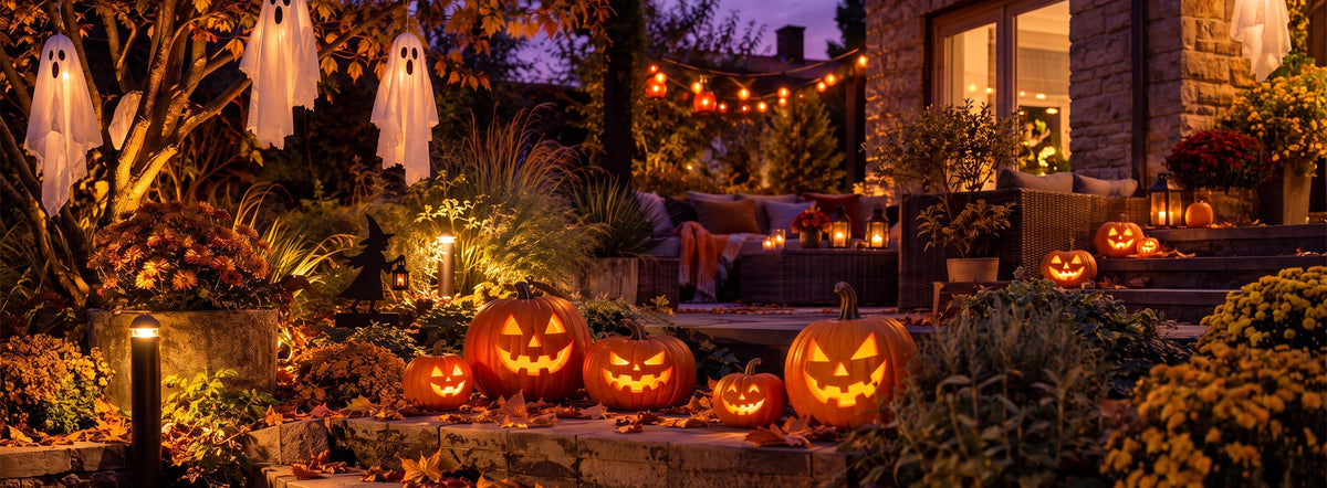 A Halloween garden gathering — inspirational garden lighting scene
