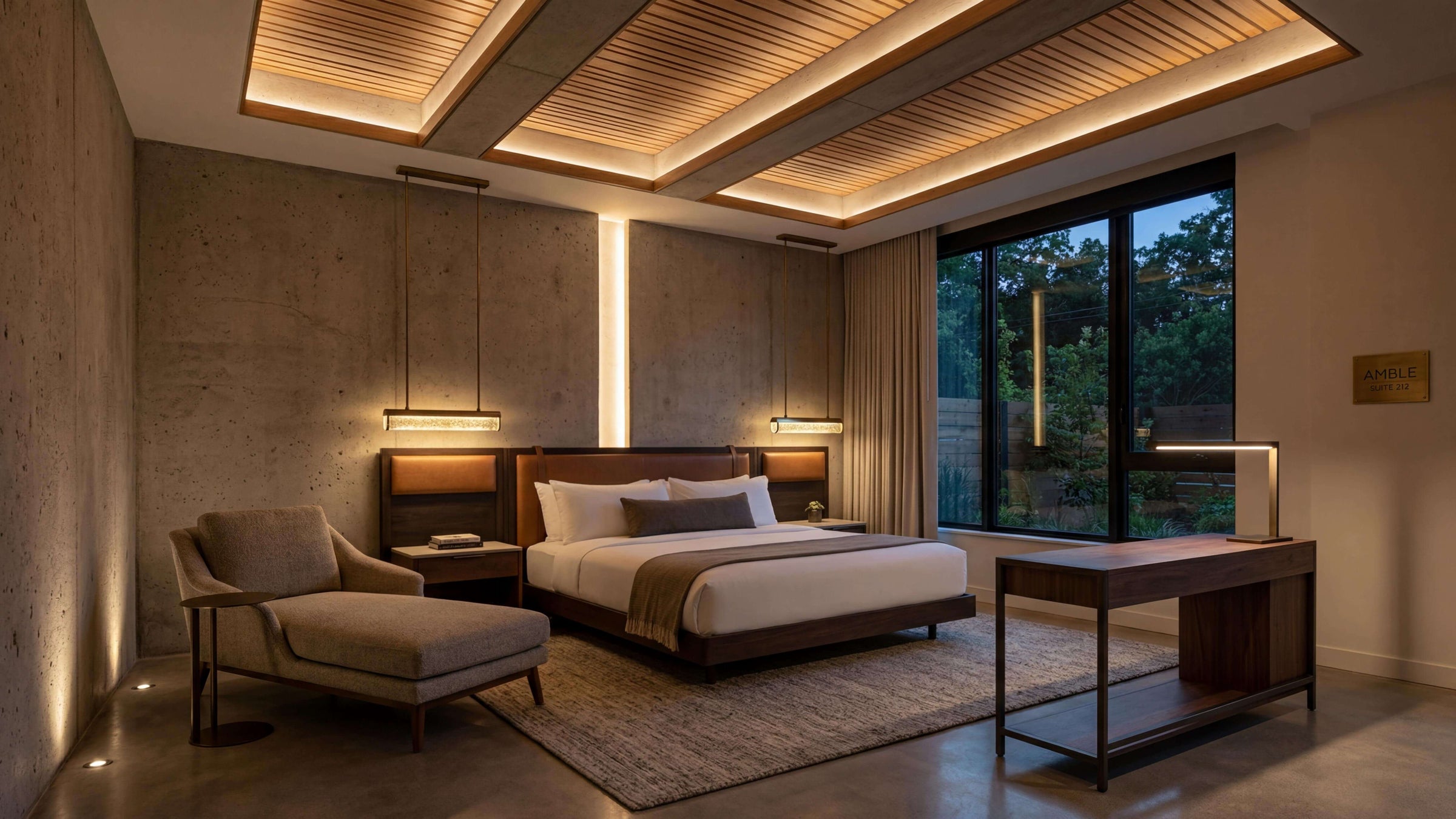 Hotel facade detail with warm exterior lighting, showing stone texture and entry-area visibility