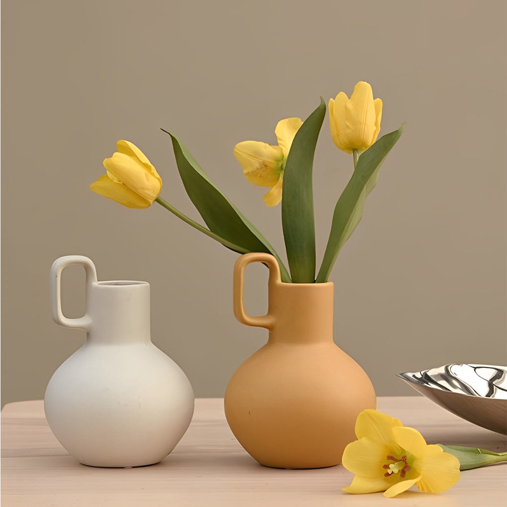 Round Ceramic White Yellow Flower Vases with Single Handle - Dazuma