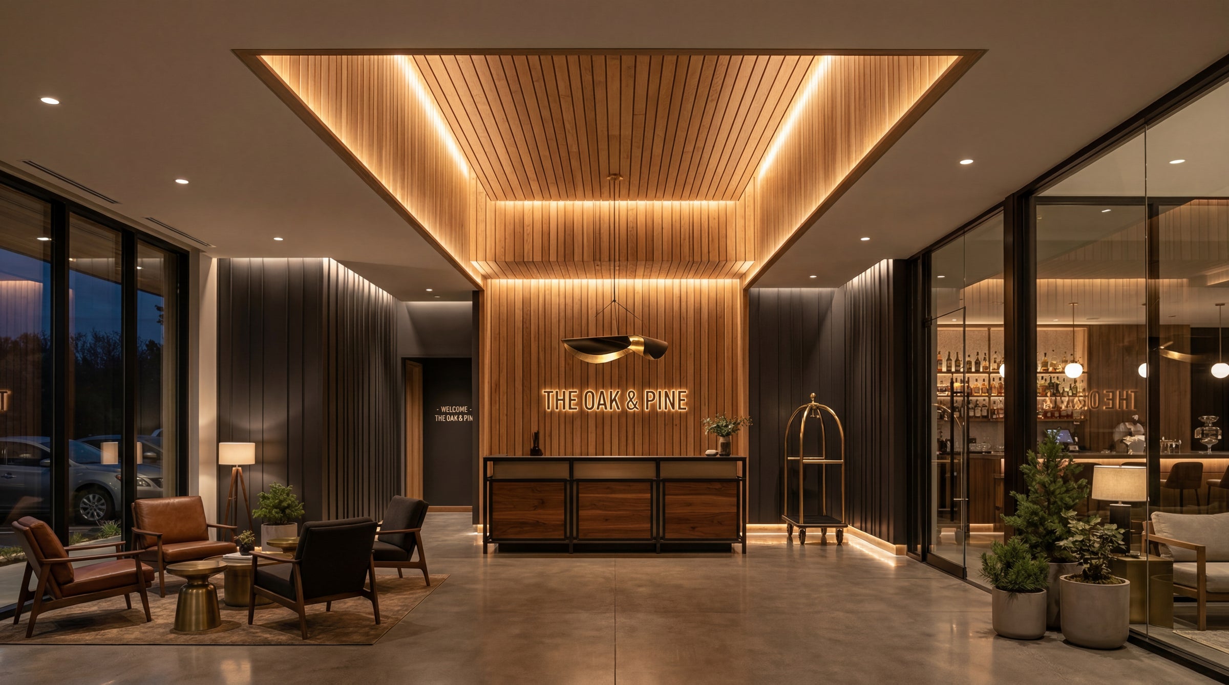 Hotel entry lighting project view showing canopy brightness and pedestrian guidance near the front door