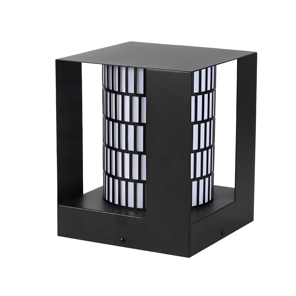 Four-Panel Cylinder Lantern LED Black Waterproof Outdoor Light with Lattice Pattern