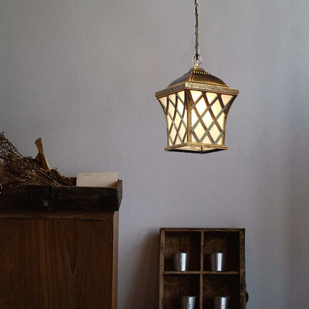 Black Farmhouse Lantern Pendant Light Lattice Glass Shade Traditional Pendant Lighting