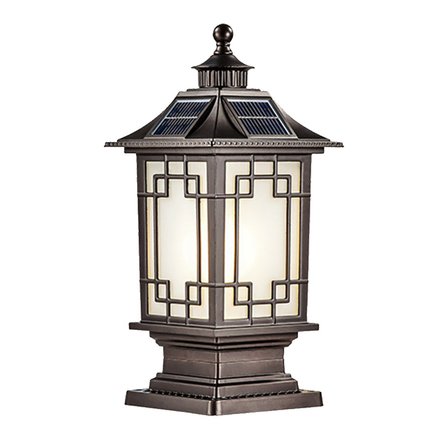 Mission-style post light with geometric glass panels and craftsman-inspired metalwork design