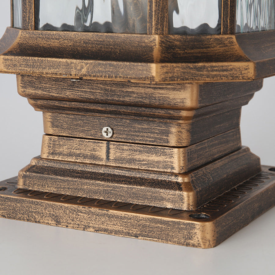 Traditional black post lantern with clear glass panels and classic pagoda-style roof design