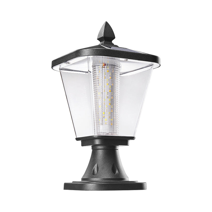 Classic black pillar light with clear glass panels and traditional lantern styling