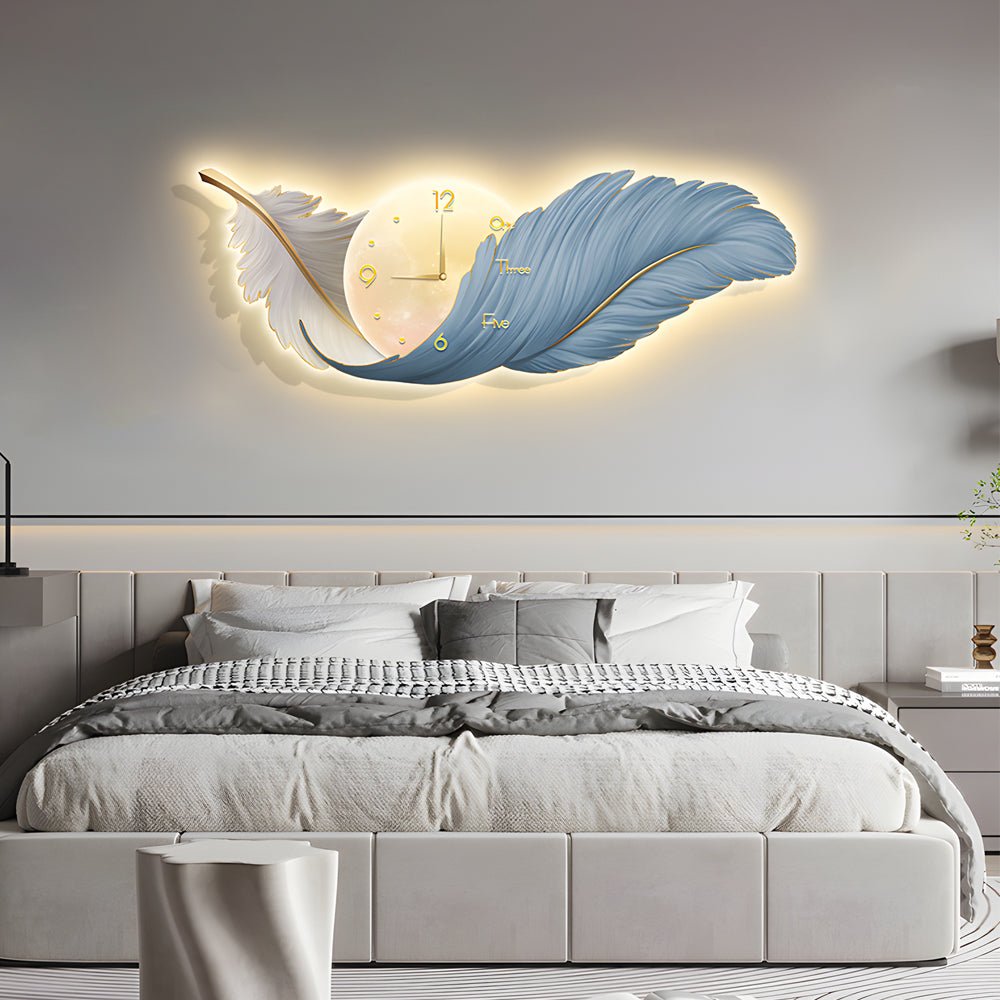 2 - In - 1 Wall Feather Painting Hanging Decor LED Wall Lamp Wall Clock