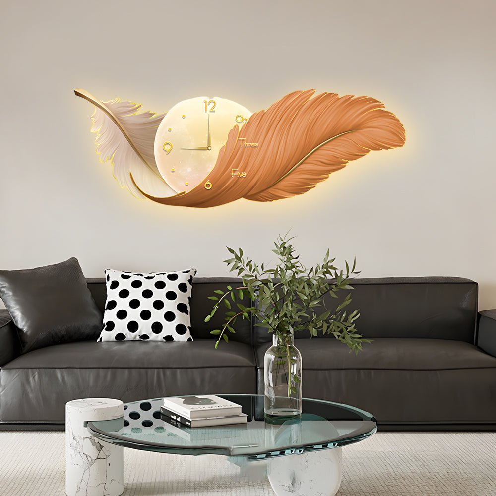 2 - In - 1 Wall Feather Painting Hanging Decor LED Wall Lamp Wall Clock