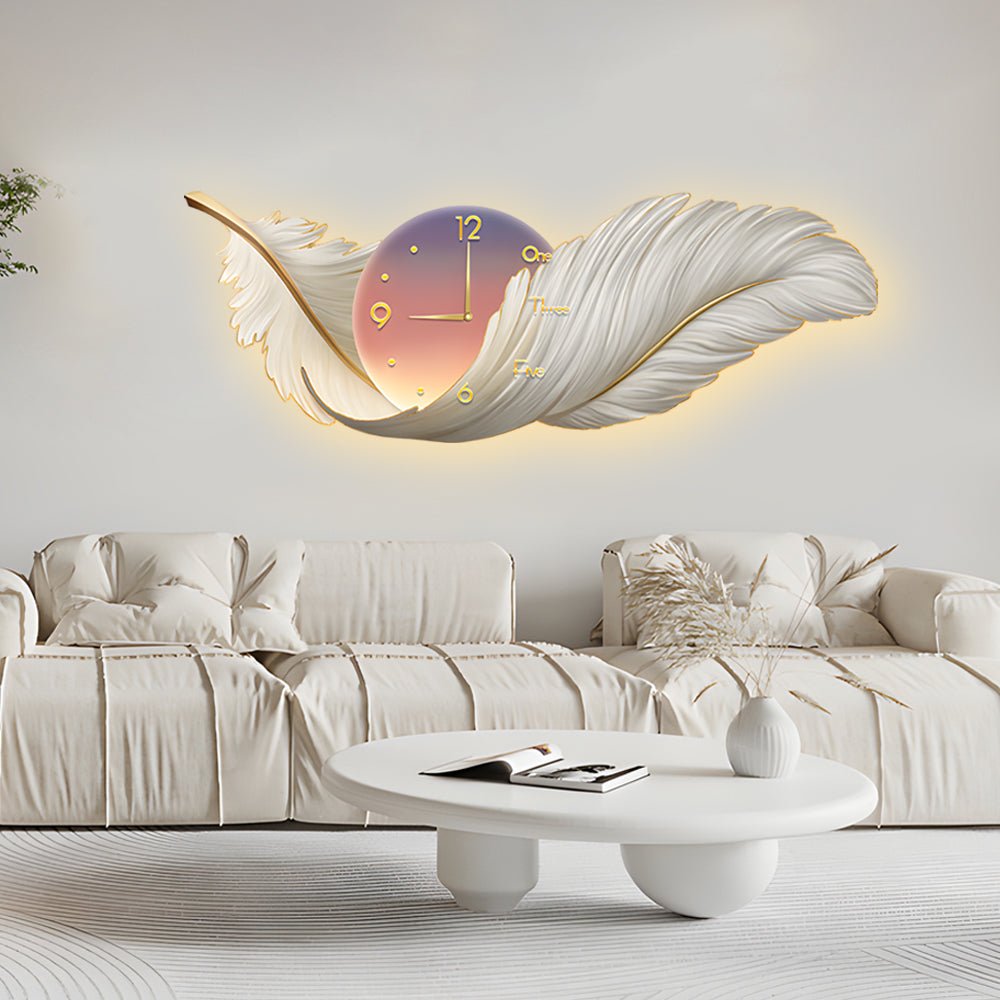 2 - In - 1 Wall Feather Painting Hanging Decor LED Wall Lamp Wall Clock