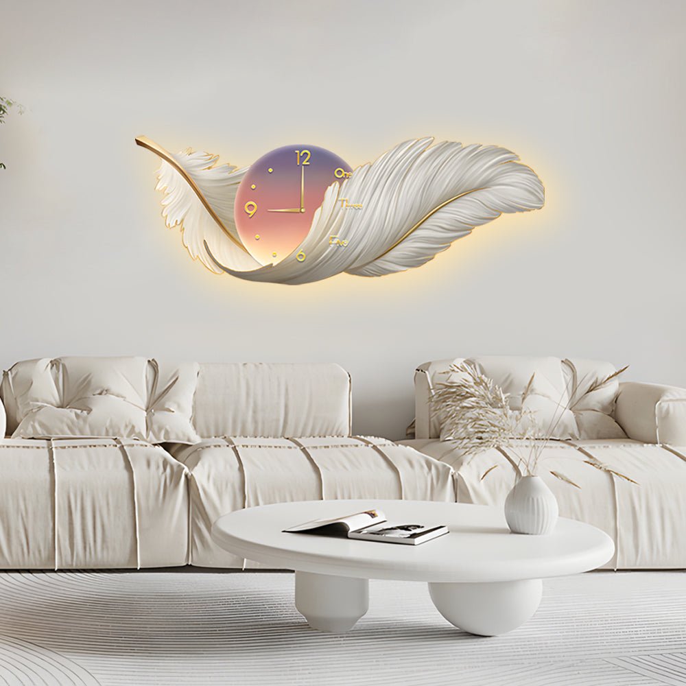 2 - In - 1 Wall Feather Painting Hanging Decor LED Wall Lamp Wall Clock