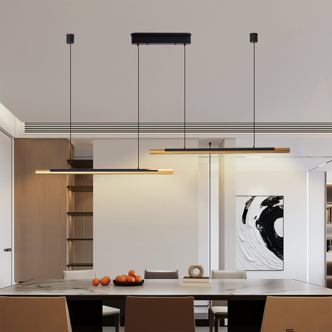 Enhance modern spaces with a 2 light linear pendant, designed with dual-head ceiling lights for simple and elegant lighting.