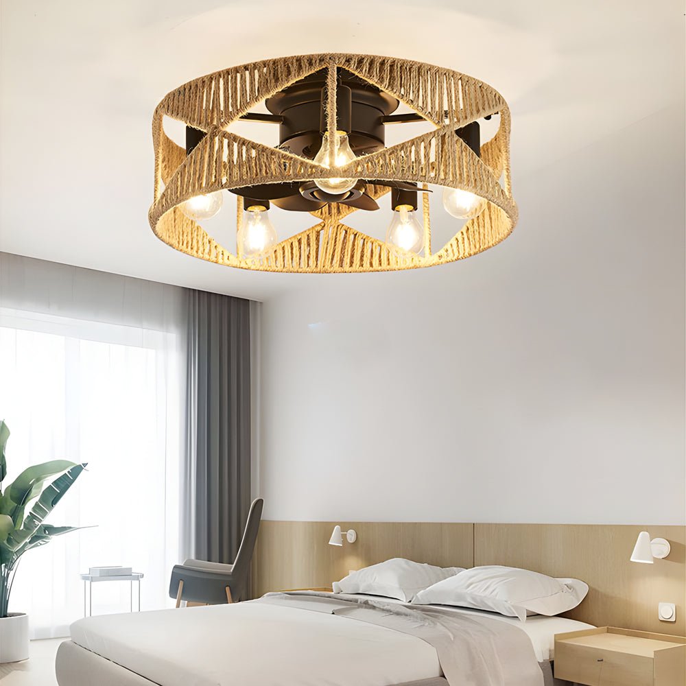 20 - in Hemp Rope - Woven Caged Ceiling Fan with Light and Remote, 6 - Speed