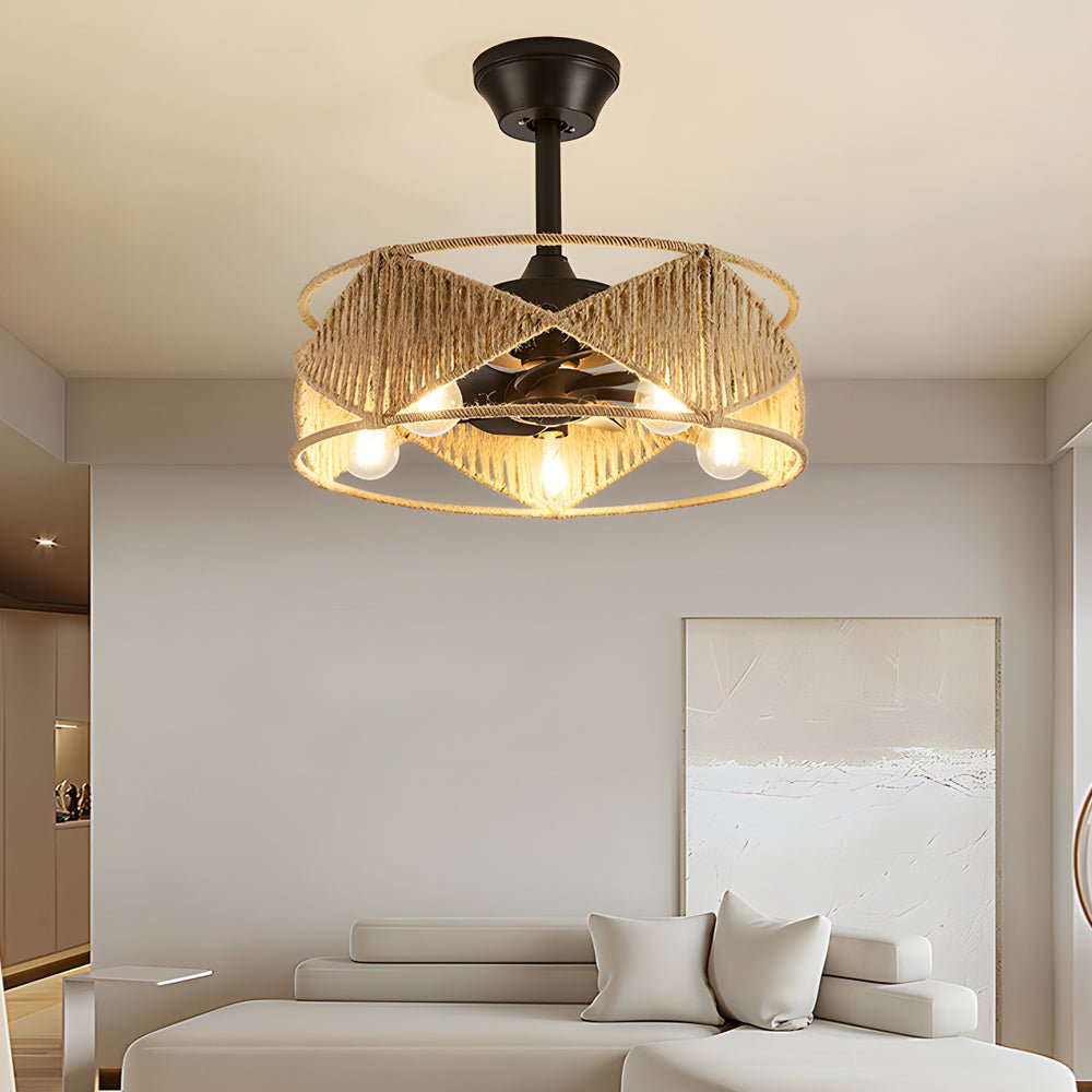 20 - in Hemp Rope - Woven Caged Ceiling Fan with Light and Remote, 6 - Speed