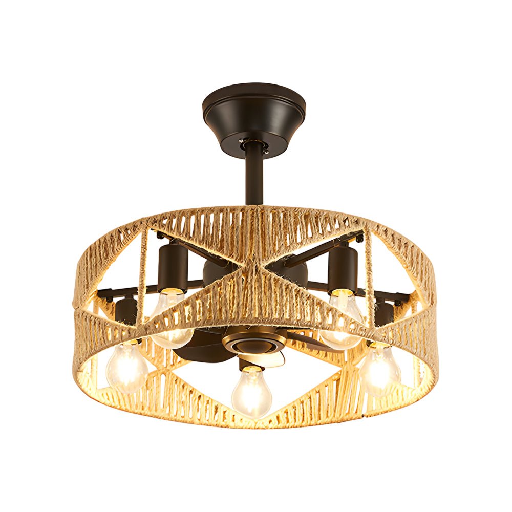 20 - in Hemp Rope - Woven Caged Ceiling Fan with Light and Remote, 6 - Speed
