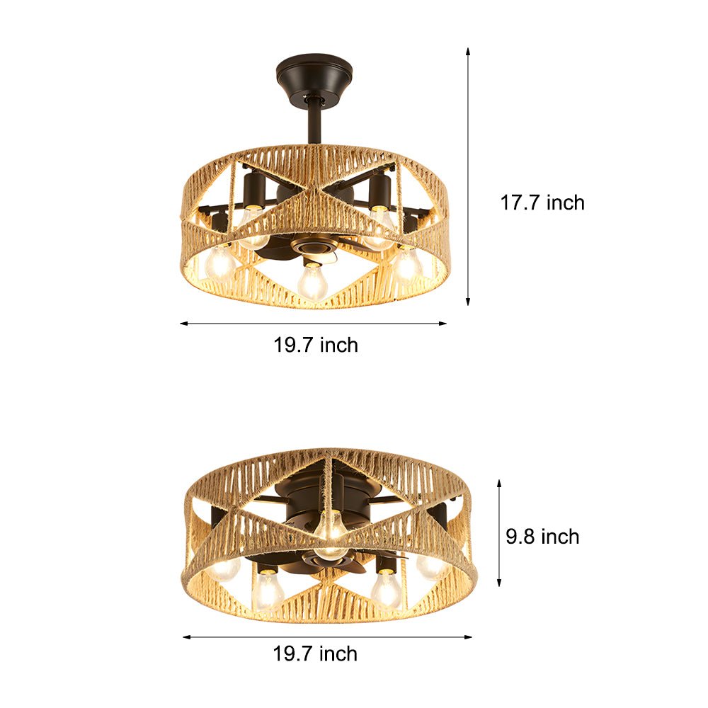 20 - in Hemp Rope - Woven Caged Ceiling Fan with Light and Remote, 6 - Speed