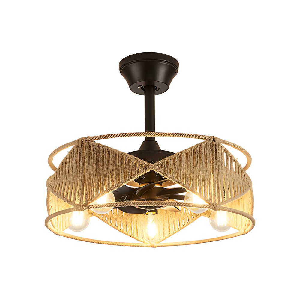 20 - in Hemp Rope - Woven Caged Ceiling Fan with Light and Remote, 6 - Speed