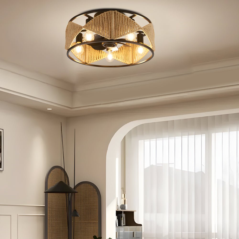 20 - in Hemp Rope - Woven Caged Ceiling Fan with Light and Remote, 6 - Speed