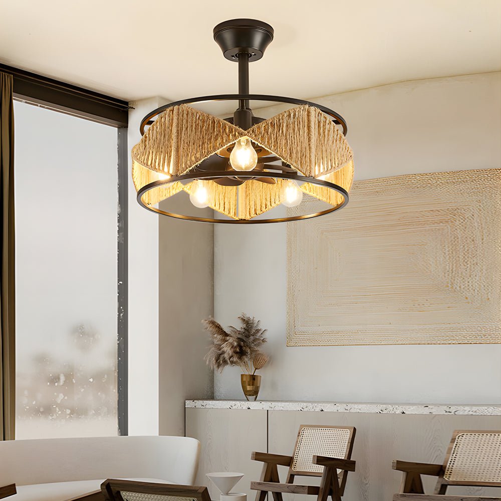 20 - in Hemp Rope - Woven Caged Ceiling Fan with Light and Remote, 6 - Speed