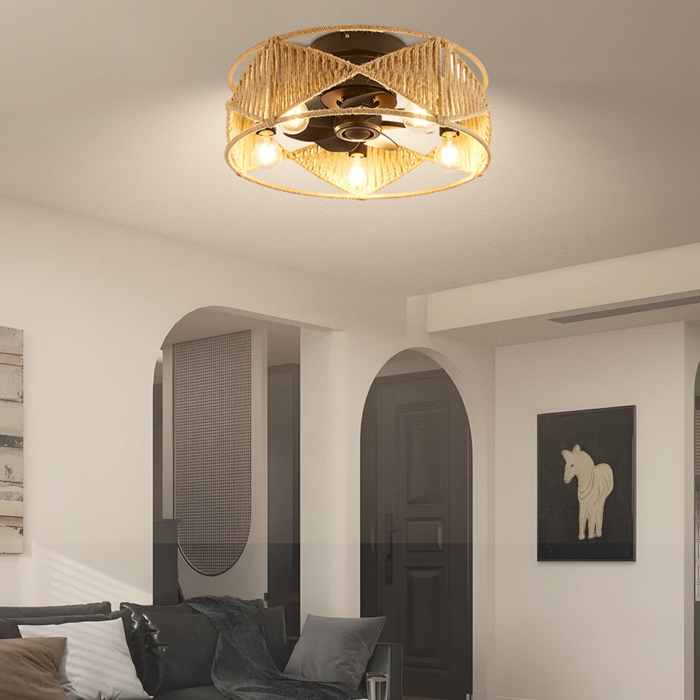 20 - in Hemp Rope - Woven Caged Ceiling Fan with Light and Remote, 6 - Speed