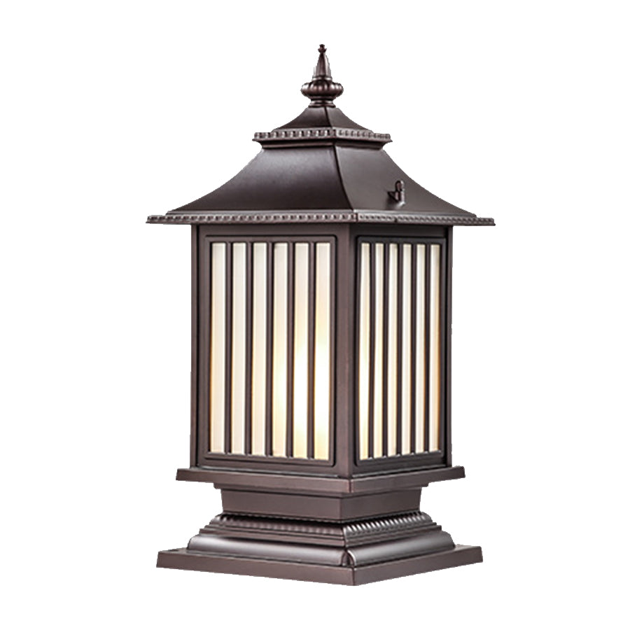 Mission-style post light with geometric glass panels and craftsman-inspired metalwork design