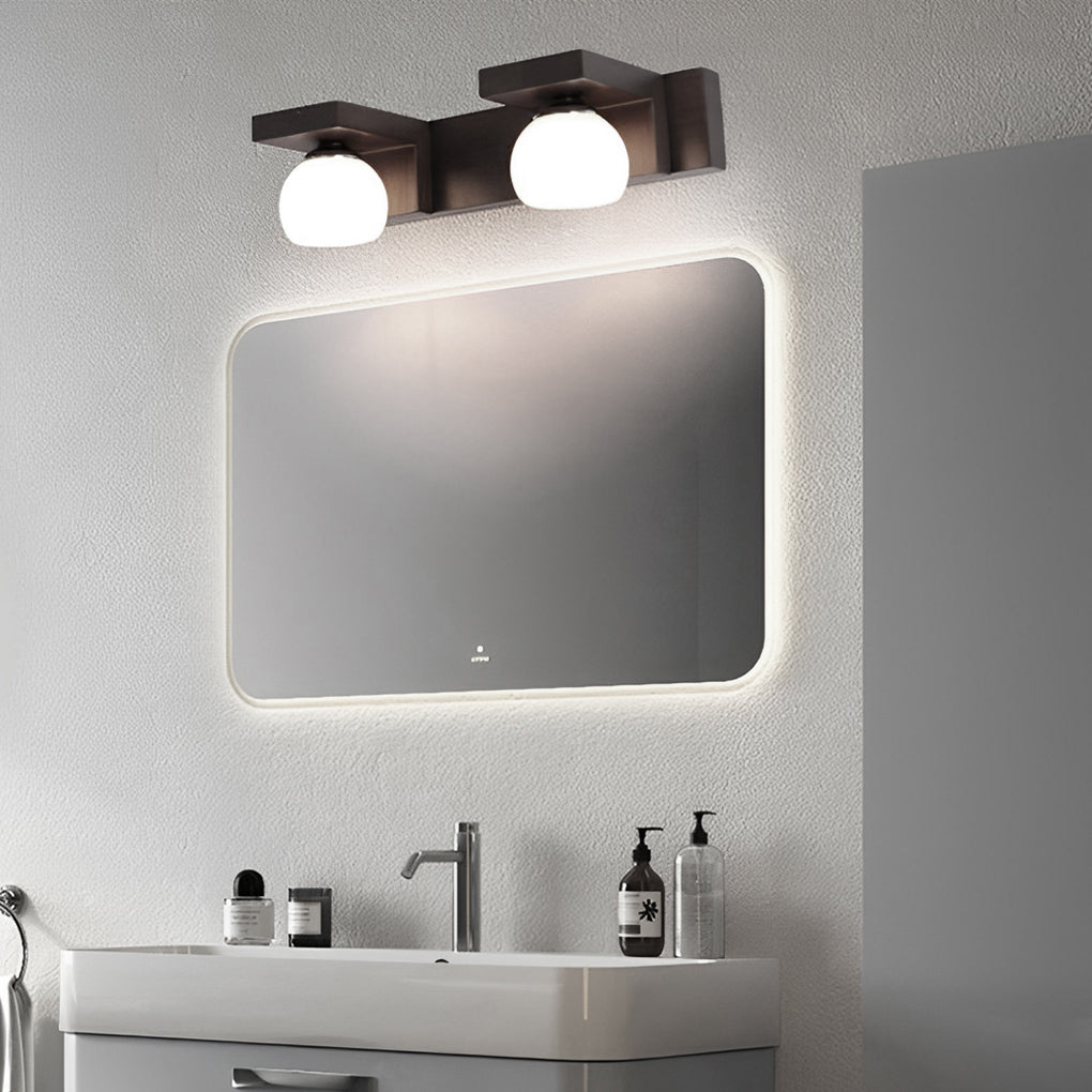2/3 - Light Wood Bathroom Vanity Light with Adjustable Iron Spotlight and Fixed Glass Shades