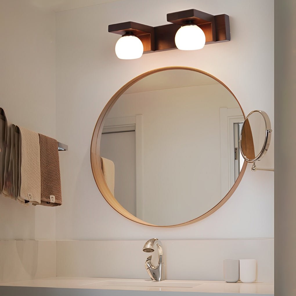 2/3 - Light Wood Bathroom Vanity Light with Adjustable Iron Spotlight and Fixed Glass Shades